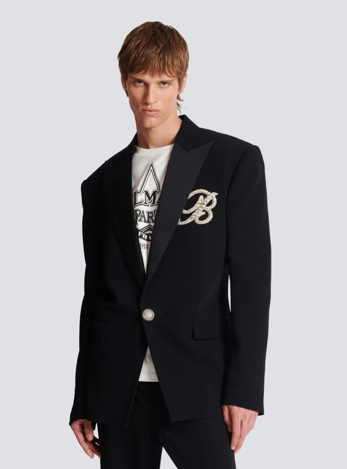 1button Crepe And Satin Jacket Black Men Balmain Jackets And Blazers