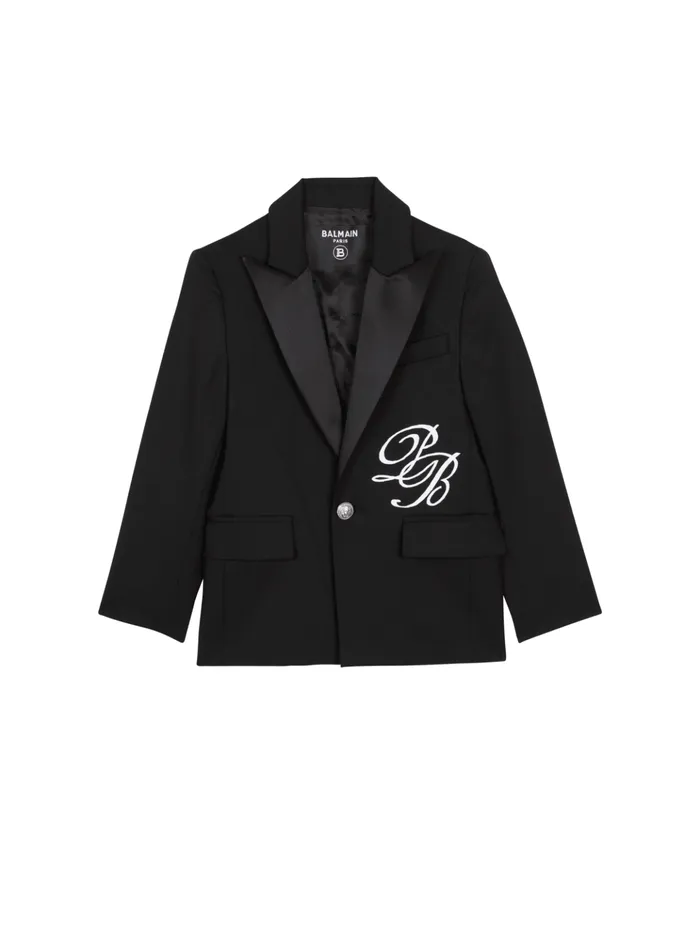 1button Jacket With PB Signature Embroidery Black Kids Balmain