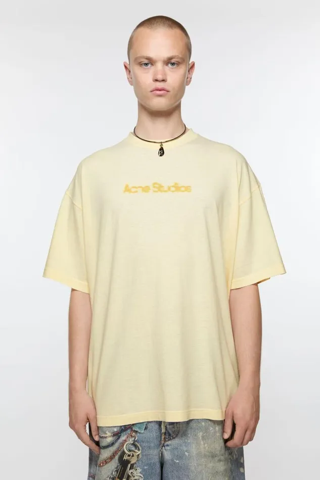 Acne Studios Blurred Logo Tshirt 8211 Relaxed Unisex Fit Pale Yellow Women Tshirts