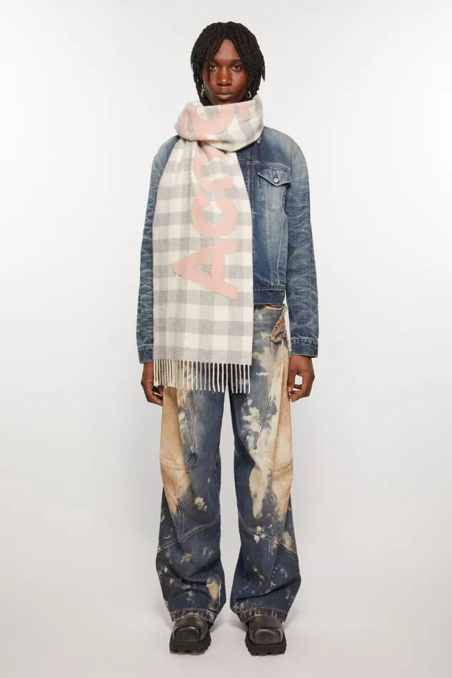 Acne Studios Check Logo Scarf Greypink Women Scarves Acne Studios Check Logo Scarf Greypink Women Scarves