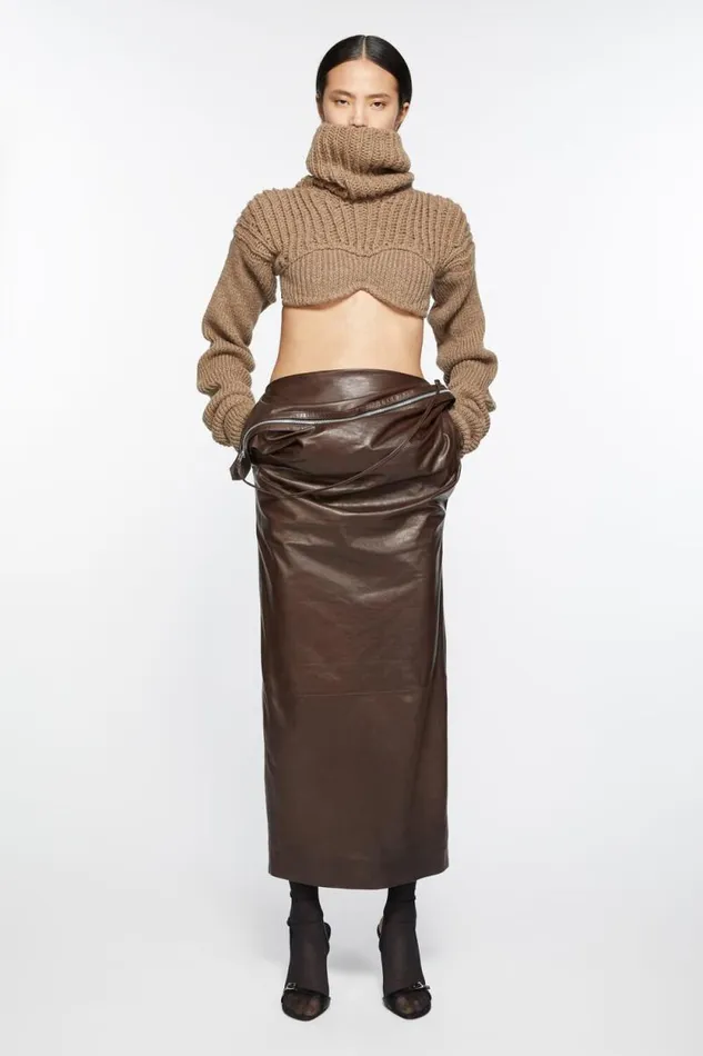 Acne Studios Leather Zipper Tape Skirt Dark Brown Women Skirts