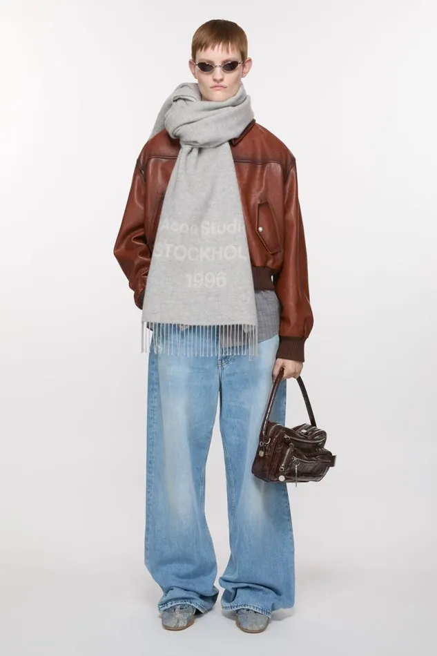 Acne Studios Logo Wool Scarf Light Grey Melange White Women Scarves Acne Studios Logo Wool Scarf Light Grey Melange White Women Scarves