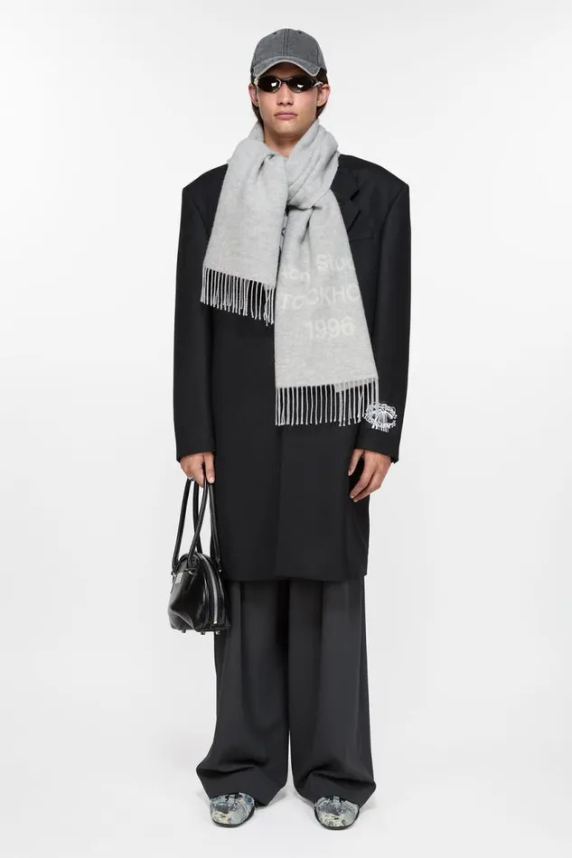 Acne Studios Logo Wool Scarf Light Grey Melange White Women Scarves Acne Studios Logo Wool Scarf Light Grey Melange White Women Scarves