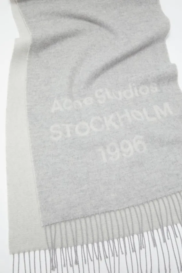 Acne Studios Logo Wool Scarf Light Grey Melange White Women Scarves Acne Studios Logo Wool Scarf Light Grey Melange White Women Scarves