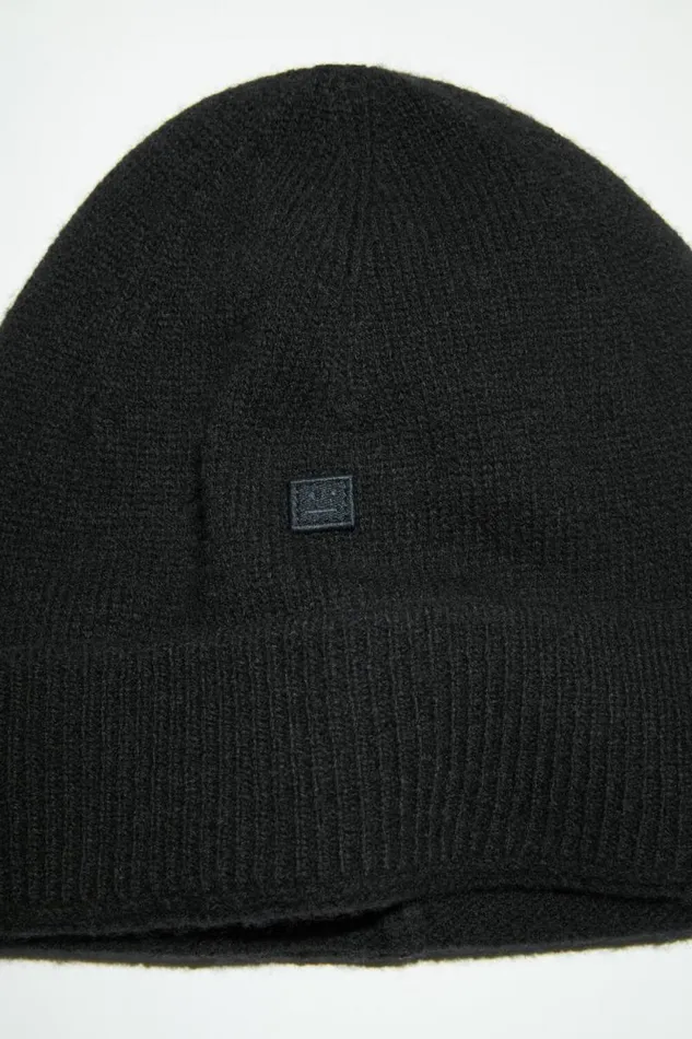 Acne Studios Micro Face Patch Beanie Black Women Hats Acne Studios Micro Face Patch Beanie Black Women Hats