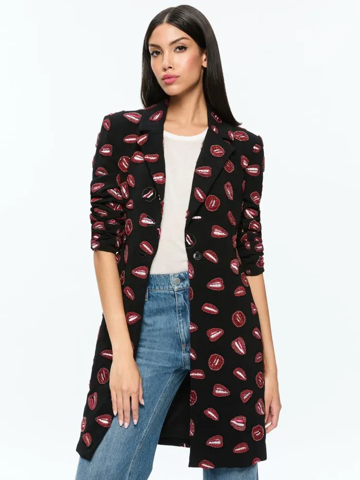 Alice Olivia AO X TOM WESSELMANN BRET EMBELLISHED LONG BLAZER Lip Sync Black Women Jackets Coats