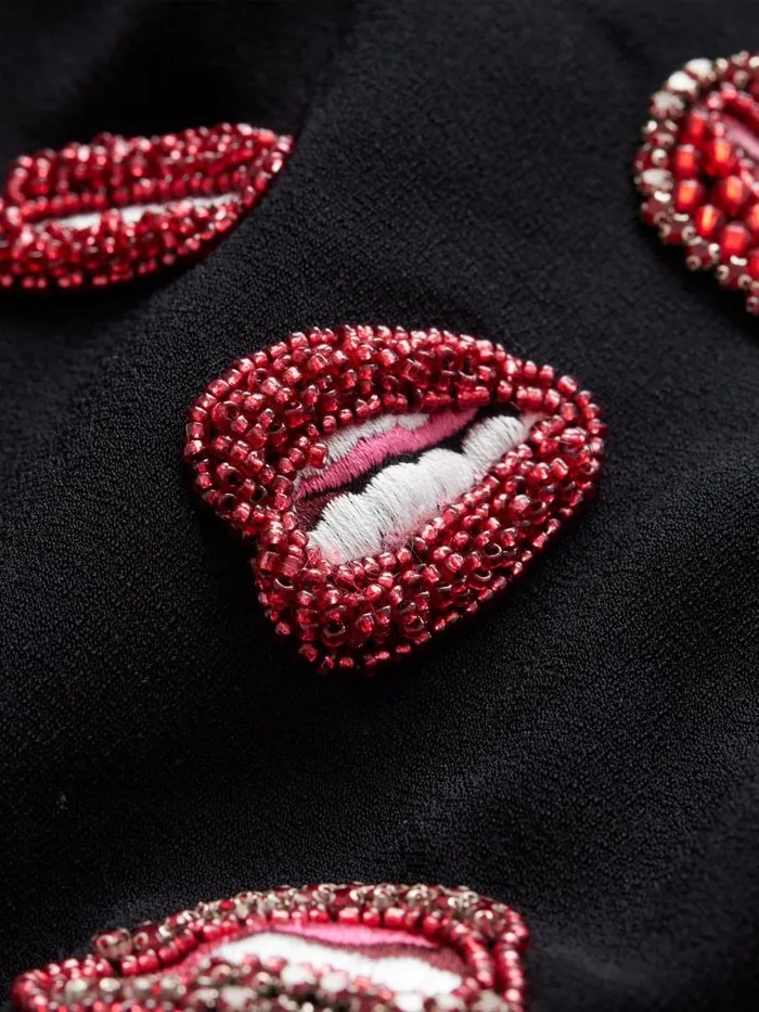 Alice Olivia AO X TOM WESSELMANN BRET EMBELLISHED LONG BLAZER Lip Sync Black Women Jackets Coats