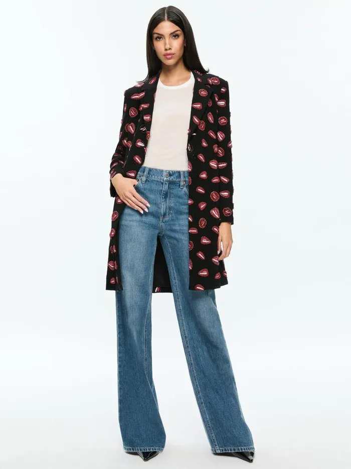 Alice Olivia AO X TOM WESSELMANN BRET EMBELLISHED LONG BLAZER Lip Sync Black Women Jackets Coats