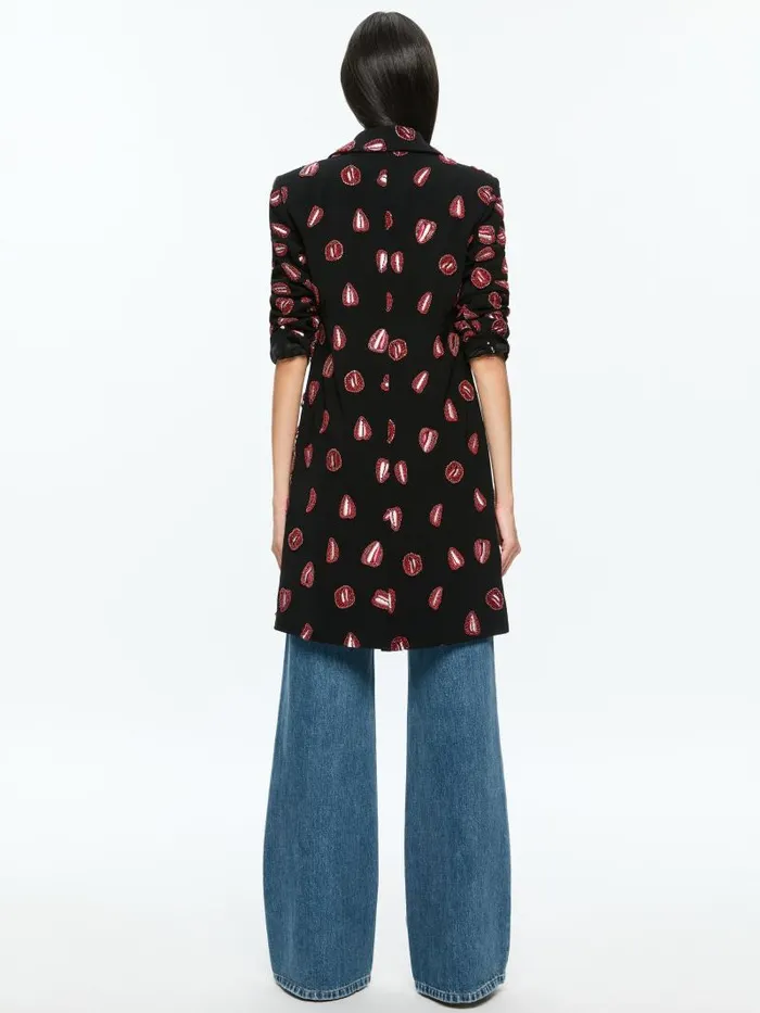 Alice Olivia AO X TOM WESSELMANN BRET EMBELLISHED LONG BLAZER Lip Sync Black Women Jackets Coats