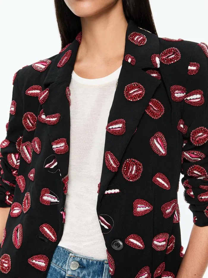 Alice Olivia AO X TOM WESSELMANN BRET EMBELLISHED LONG BLAZER Lip Sync Black Women Jackets Coats