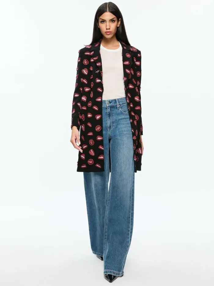 Alice Olivia AO X TOM WESSELMANN BRET EMBELLISHED LONG BLAZER Lip Sync Black Women Jackets Coats