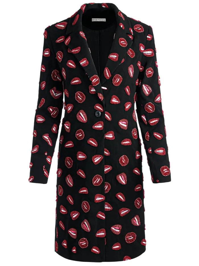 Alice Olivia AO X TOM WESSELMANN BRET EMBELLISHED LONG BLAZER Lip Sync Black Women Jackets Coats