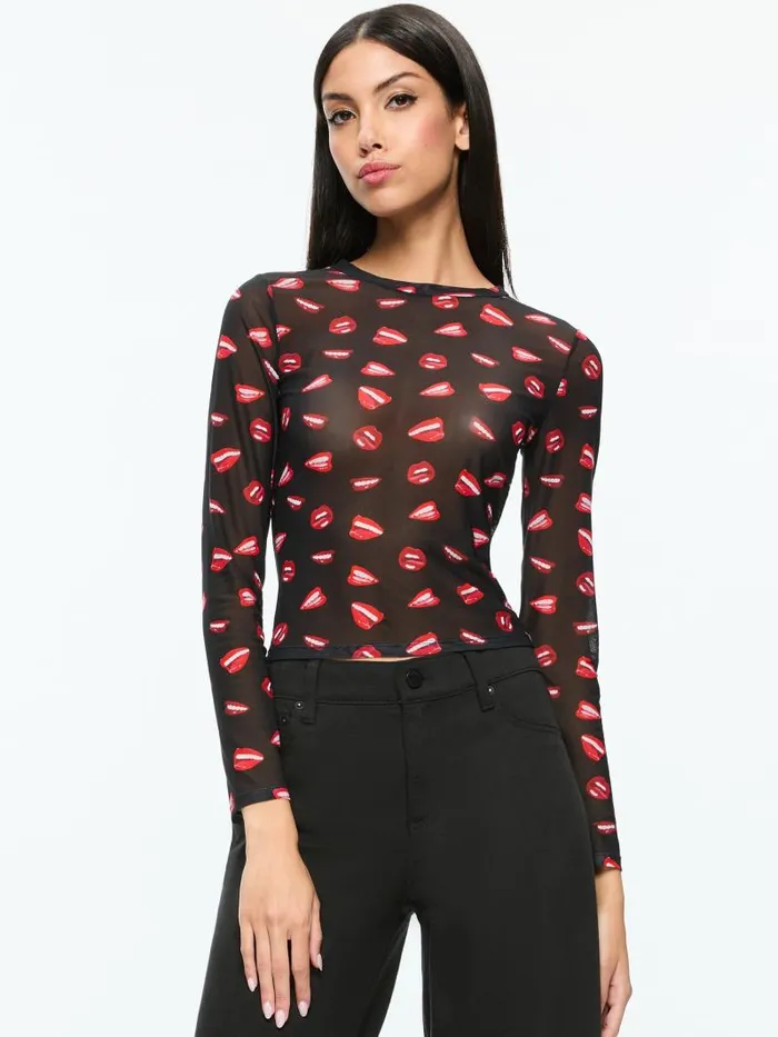 Alice Olivia AO X TOM WESSELMANN DELAINA MESH LONG SLEEVE TOP Lip Sync Black Women Tops