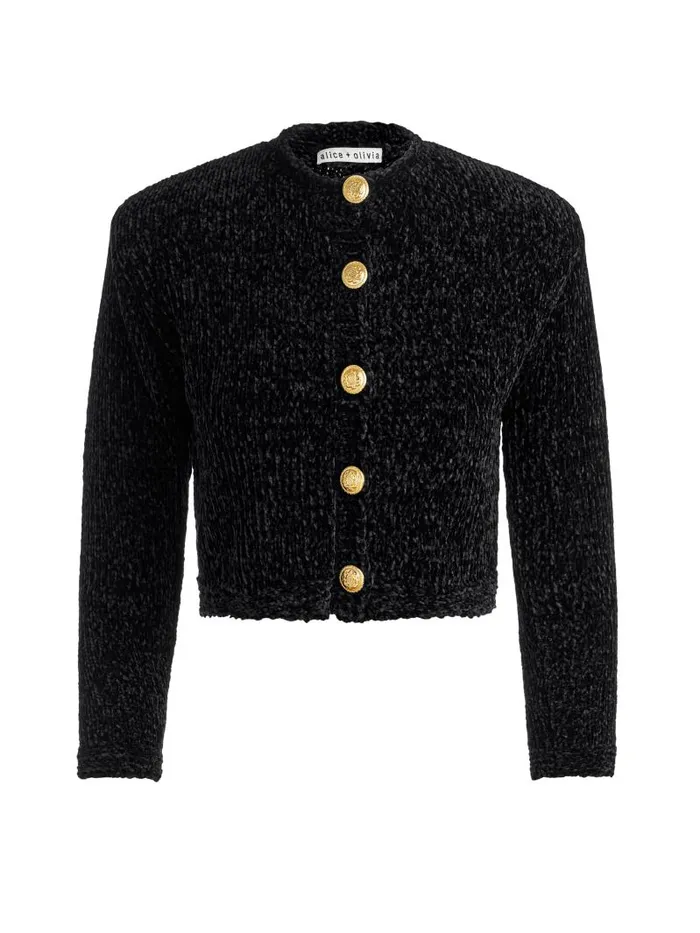 Alice Olivia BREANNA CHUNKY KNIT CARDIGAN Black Women Sweaters