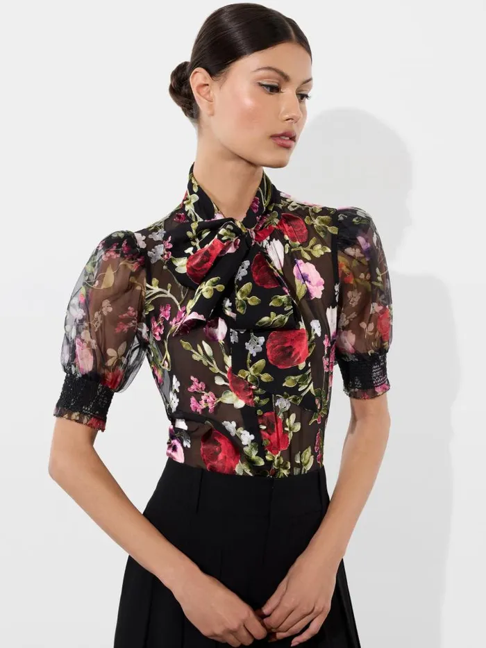 Alice Olivia BRENTLEY TIE NECK PUFF SLEEVE BLOUSE Floral Dreams Women Tops