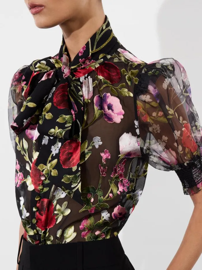 Alice Olivia BRENTLEY TIE NECK PUFF SLEEVE BLOUSE Floral Dreams Women Tops