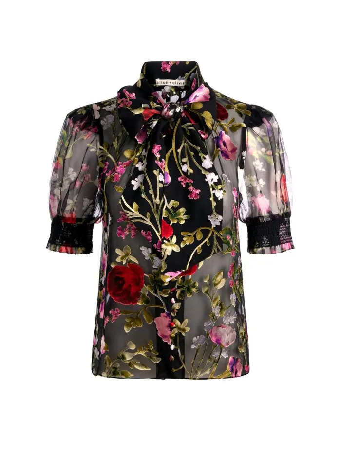 Alice Olivia BRENTLEY TIE NECK PUFF SLEEVE BLOUSE Floral Dreams Women Tops