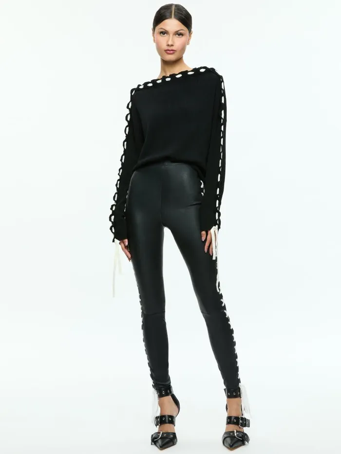Alice Olivia CALANDRA LACE UP SLEEVE PULLOVER Blackecru Women Sweaters