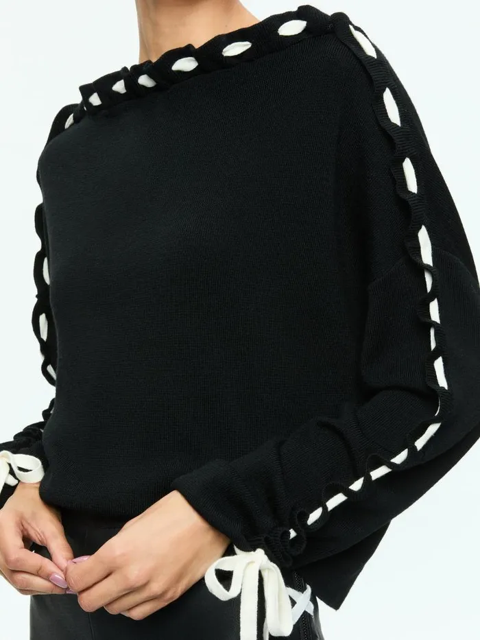 Alice Olivia CALANDRA LACE UP SLEEVE PULLOVER Blackecru Women Sweaters