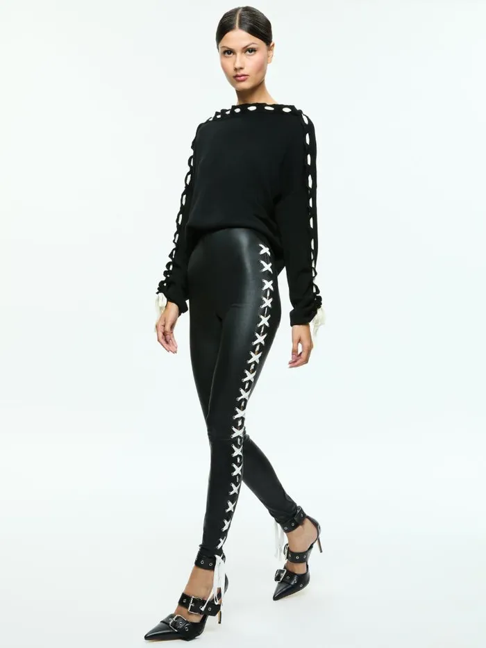 Alice Olivia CALANDRA LACE UP SLEEVE PULLOVER Blackecru Women Sweaters