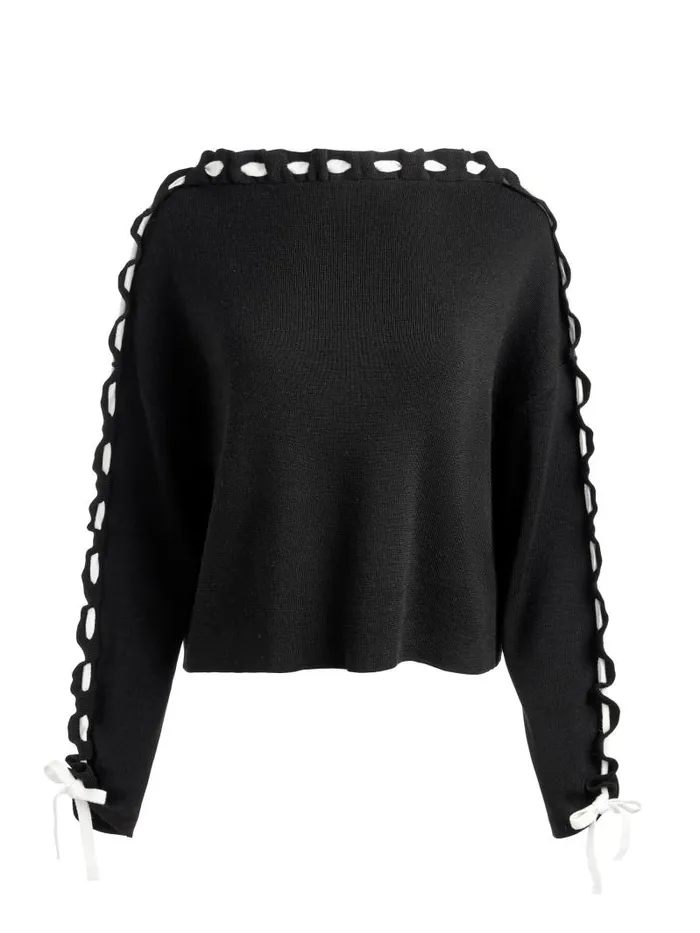 Alice Olivia CALANDRA LACE UP SLEEVE PULLOVER Blackecru Women Sweaters