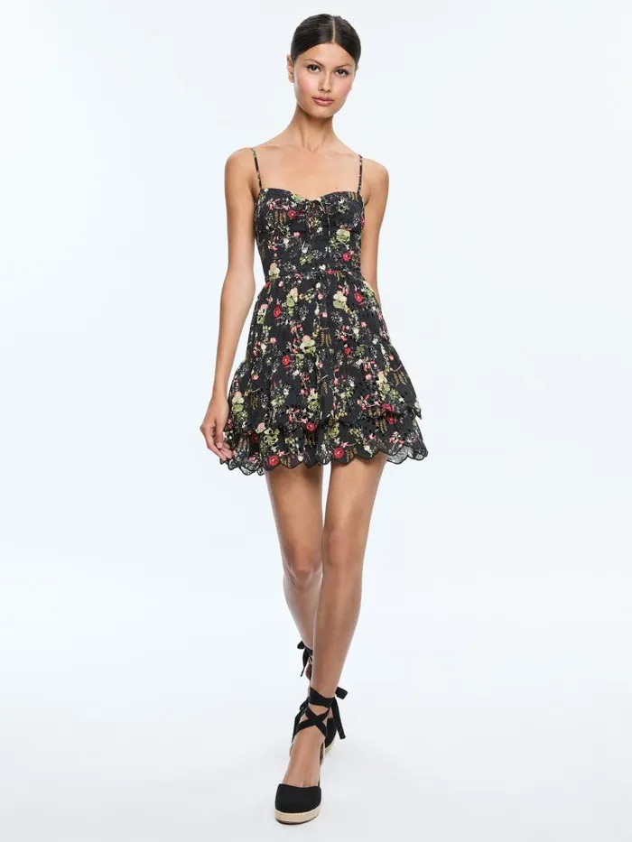 Alice Olivia DAISY TIE FRONT TIERED RUFFLE MINI DRESS Blush Kiss Black Women Dresses
