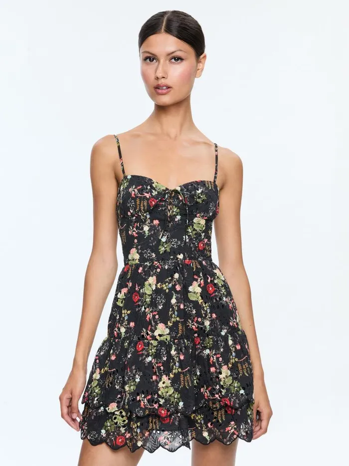 Alice Olivia DAISY TIE FRONT TIERED RUFFLE MINI DRESS Blush Kiss Black Women Dresses