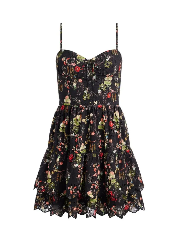 Alice Olivia DAISY TIE FRONT TIERED RUFFLE MINI DRESS Blush Kiss Black Women Dresses