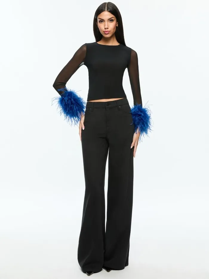 Alice Olivia DELAINA MESH FEATHER CUFFED LONG SLEEVE TOP Blackroyal Women Tops