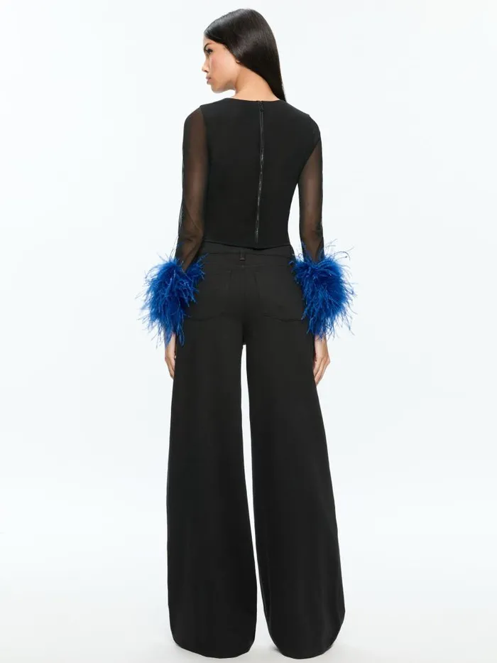 Alice Olivia DELAINA MESH FEATHER CUFFED LONG SLEEVE TOP Blackroyal Women Tops