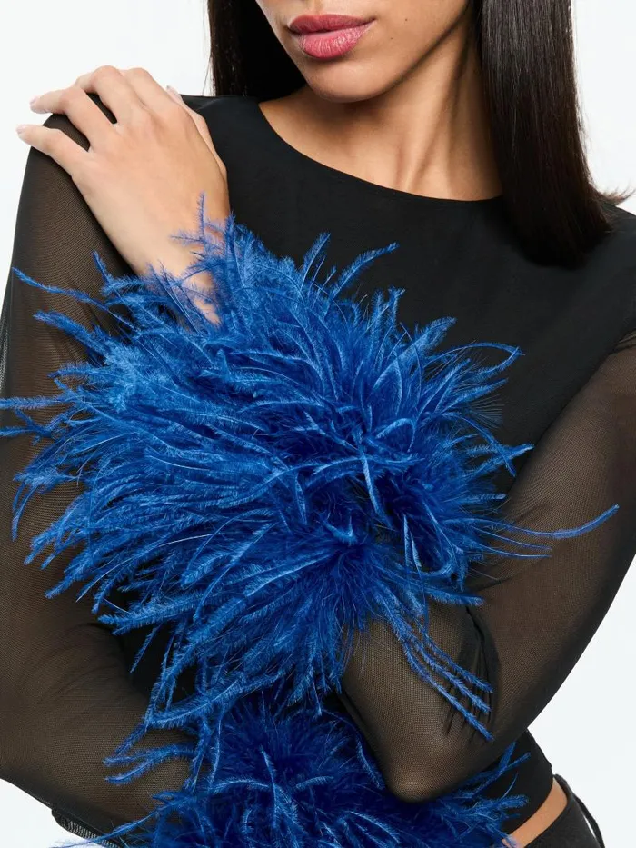 Alice Olivia DELAINA MESH FEATHER CUFFED LONG SLEEVE TOP Blackroyal Women Tops