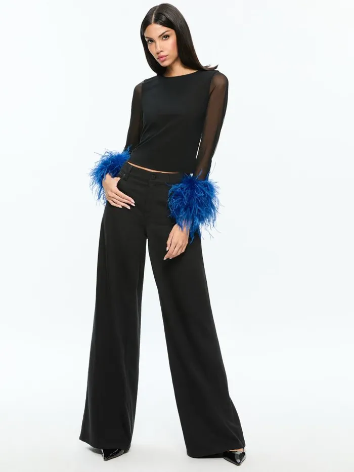 Alice Olivia DELAINA MESH FEATHER CUFFED LONG SLEEVE TOP Blackroyal Women Tops