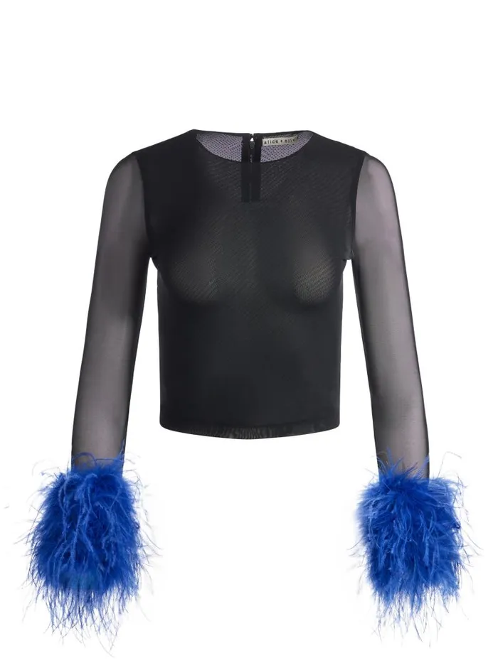 Alice Olivia DELAINA MESH FEATHER CUFFED LONG SLEEVE TOP Blackroyal Women Tops