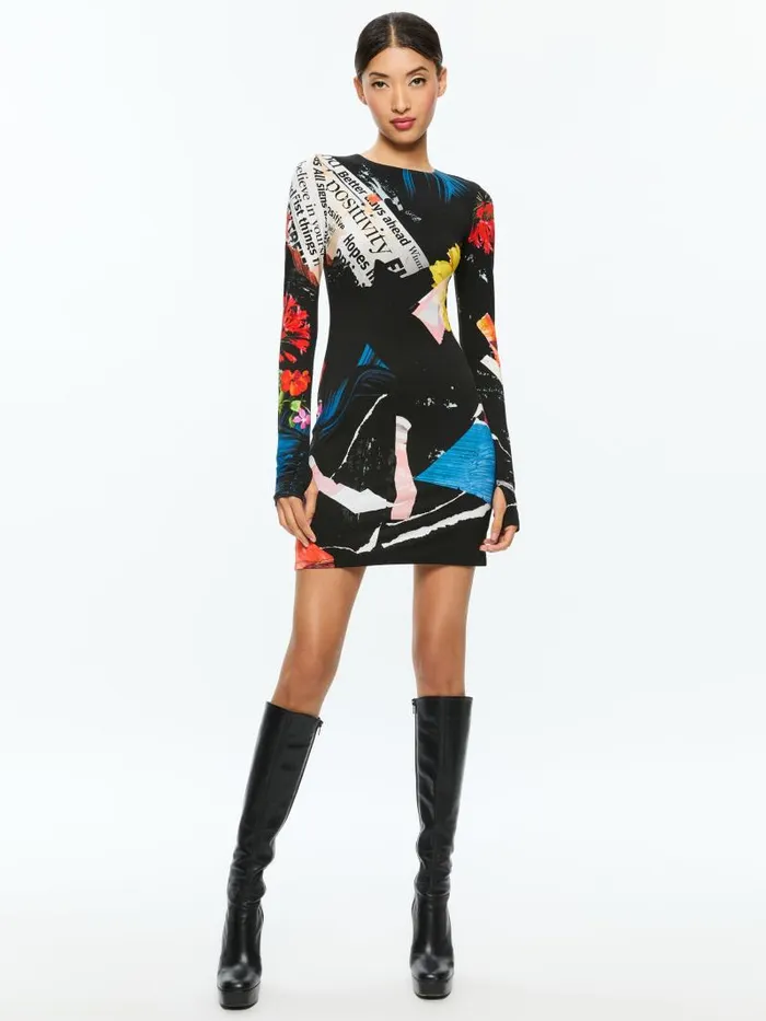 Alice Olivia DELORA CREW NECK LONG SLEEVE MINI DRESS Azalea Floral Women Dresses