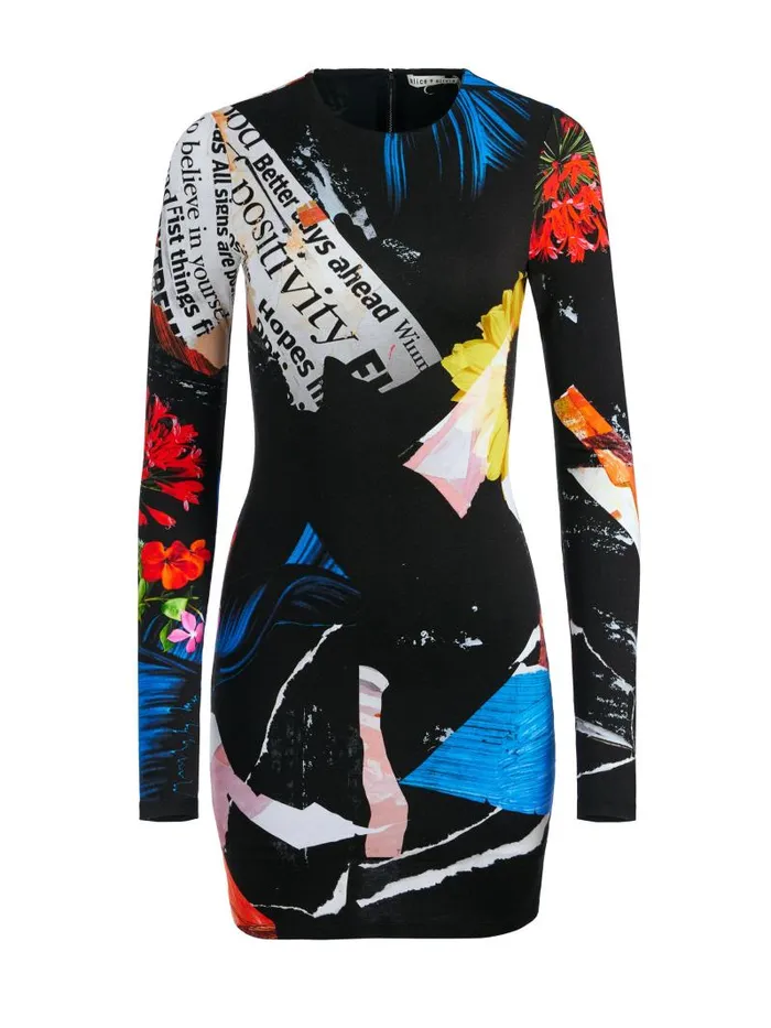 Alice Olivia DELORA CREW NECK LONG SLEEVE MINI DRESS Azalea Floral Women Dresses