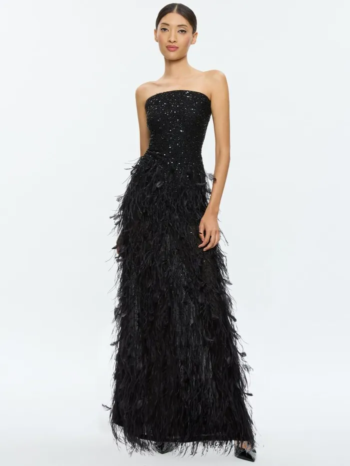 Alice Olivia DELORA EMBELLISHED STRAPLESS GOWN WITH FEATHERS Black Women Dresses