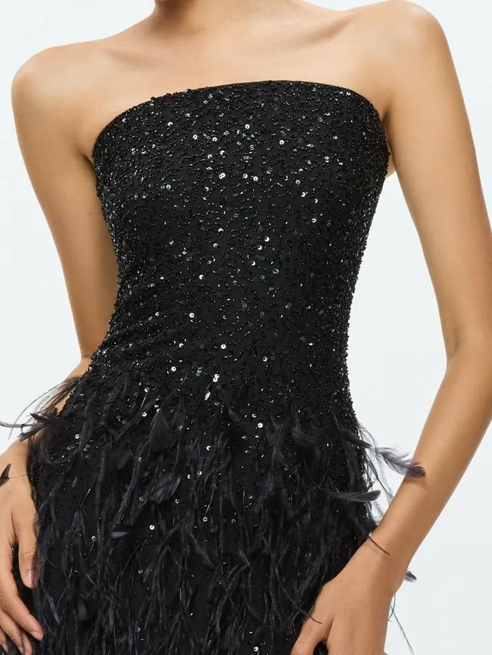 Alice Olivia DELORA EMBELLISHED STRAPLESS GOWN WITH FEATHERS Black Women Dresses