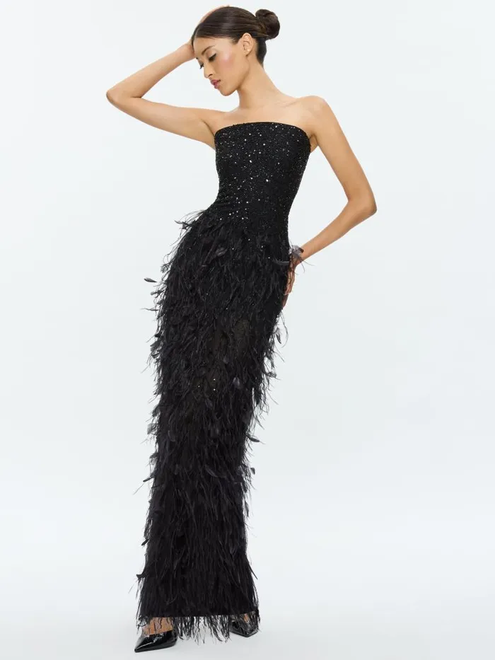 Alice Olivia DELORA EMBELLISHED STRAPLESS GOWN WITH FEATHERS Black Women Dresses