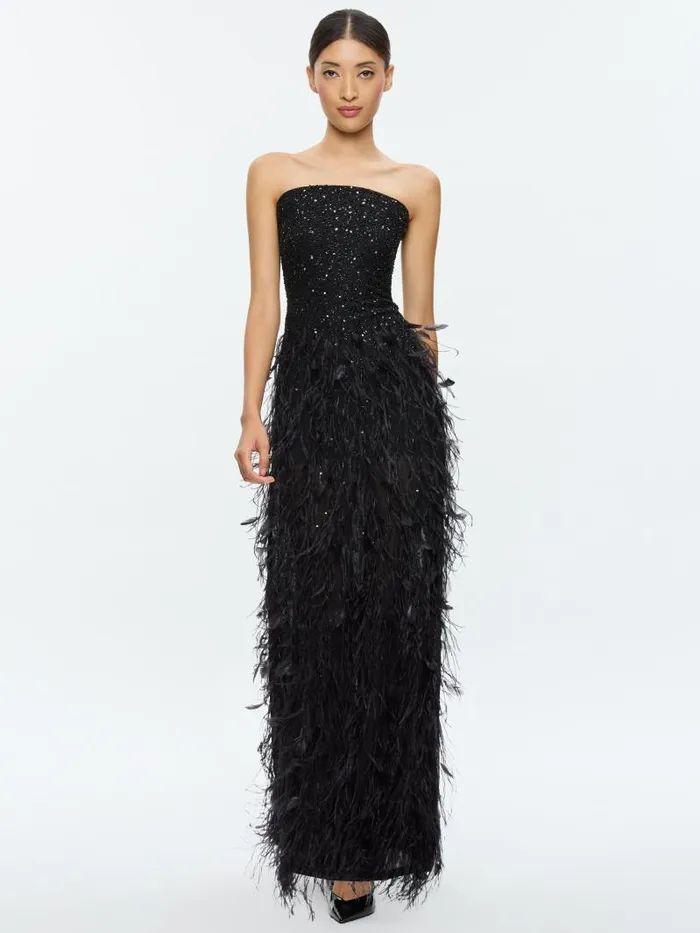 Alice Olivia DELORA EMBELLISHED STRAPLESS GOWN WITH FEATHERS Black Women Dresses