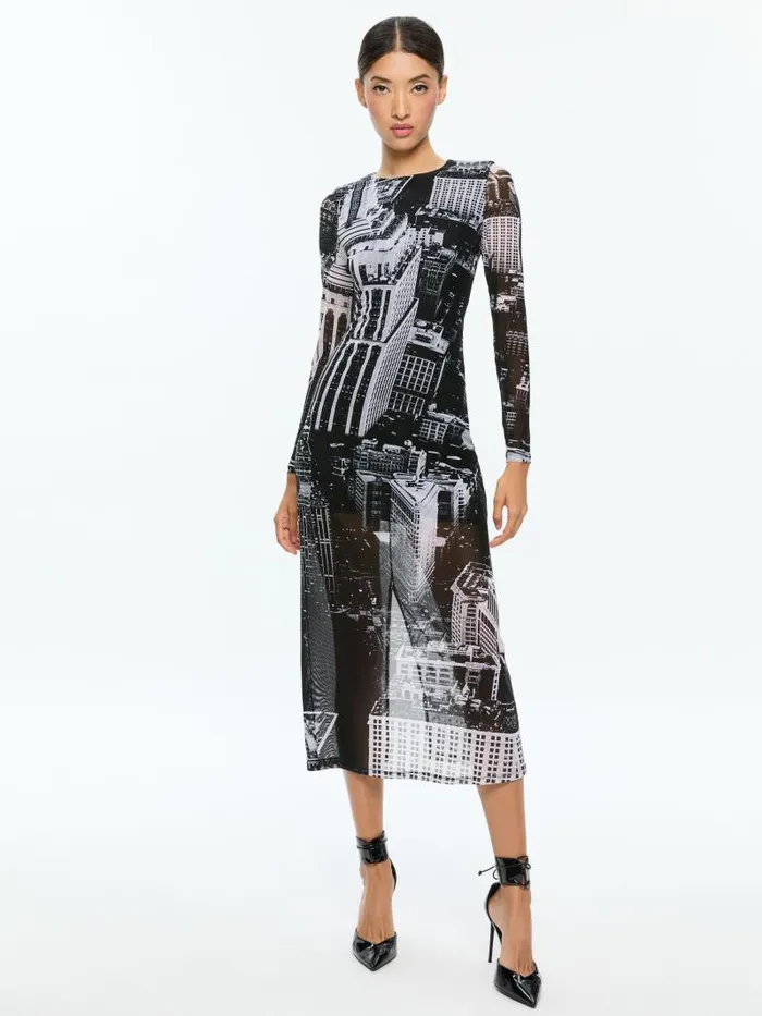Alice Olivia DELORA LONG SLEEVE MIDI DRESS Cityscape Women Dresses