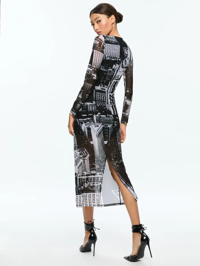 Alice Olivia DELORA LONG SLEEVE MIDI DRESS Cityscape Women Dresses
