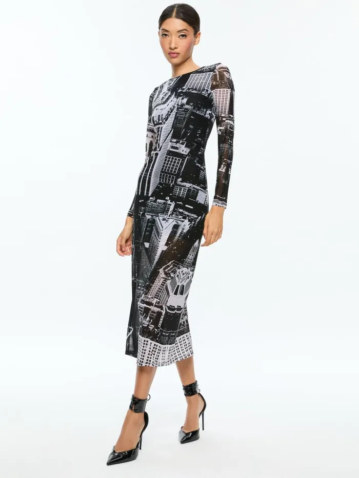 Alice Olivia DELORA LONG SLEEVE MIDI DRESS Cityscape Women Dresses