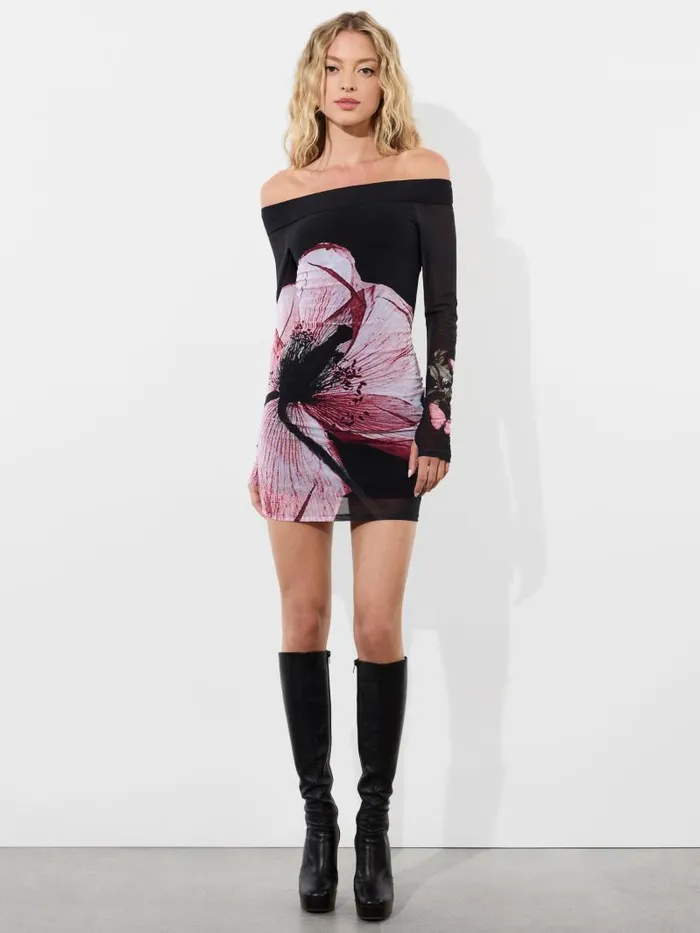 Alice Olivia DORINDA OFF THE SHOULDER MINI DRESS WITH THUMBHOLES Luna Floral Women Dresses