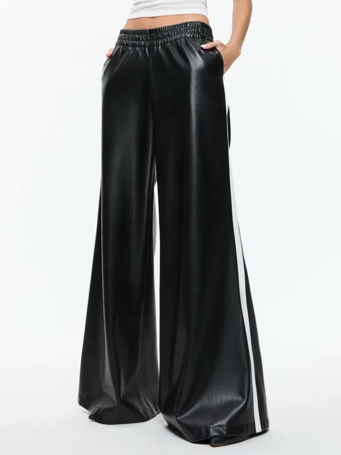 Alice Olivia ELBA VEGAN LEATHER LOW RISE PANT WITH RACING STRIPE Black Women Pants