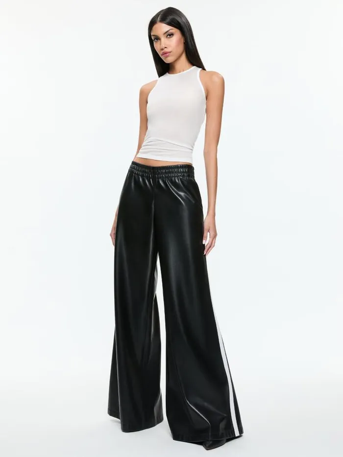 Alice Olivia ELBA VEGAN LEATHER LOW RISE PANT WITH RACING STRIPE Black Women Pants