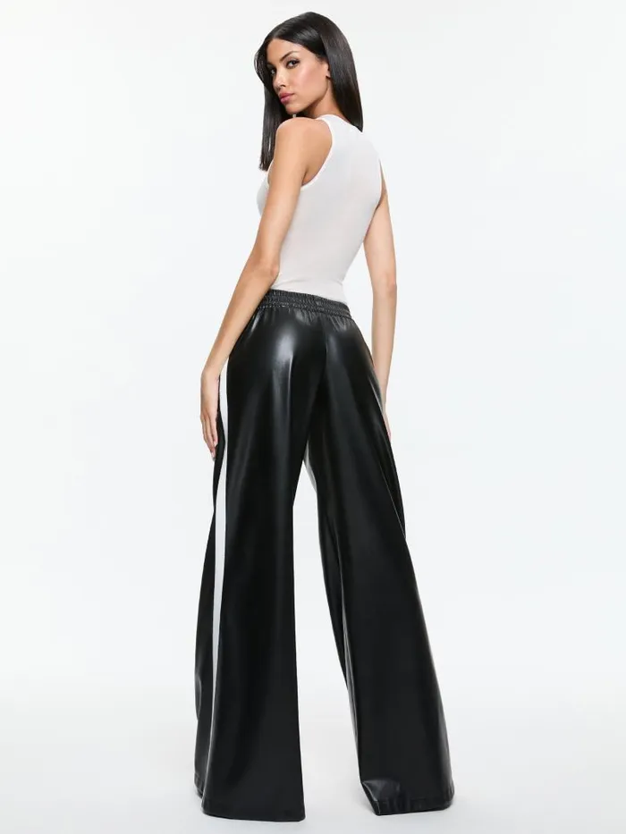 Alice Olivia ELBA VEGAN LEATHER LOW RISE PANT WITH RACING STRIPE Black Women Pants