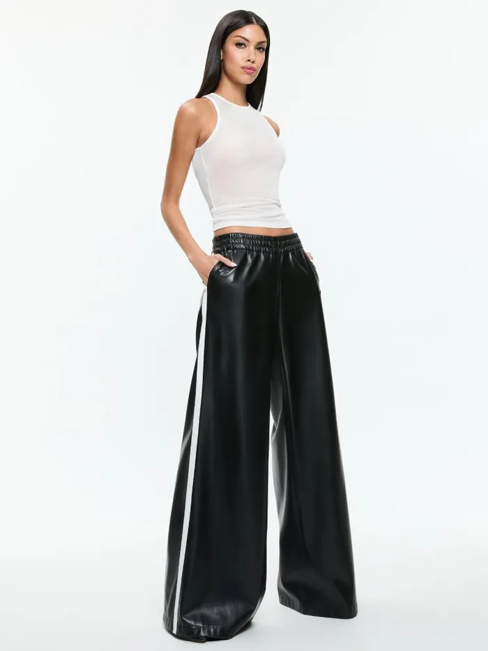 Alice Olivia ELBA VEGAN LEATHER LOW RISE PANT WITH RACING STRIPE Black Women Pants