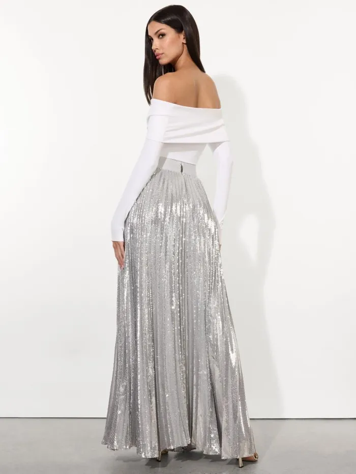 Alice Olivia IVEY SEQUIN SUNBURST PLEATED MAXI SKIRT WITH SLIT Silver Women Skirts