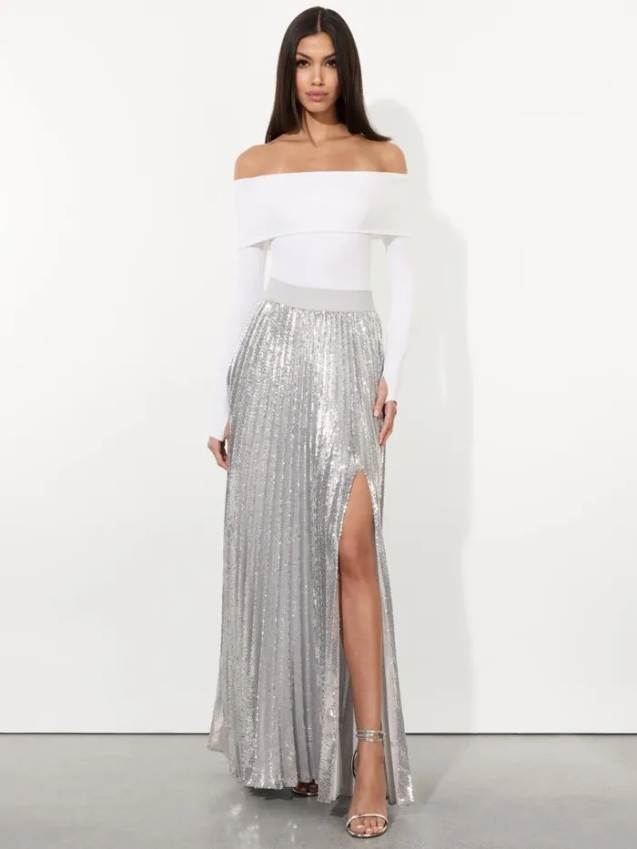 Alice Olivia IVEY SEQUIN SUNBURST PLEATED MAXI SKIRT WITH SLIT Silver Women Skirts