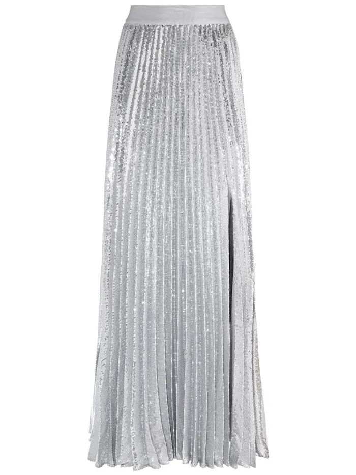 Alice Olivia IVEY SEQUIN SUNBURST PLEATED MAXI SKIRT WITH SLIT Silver Women Skirts
